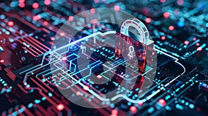 Digital Security Network with Glowing Lock