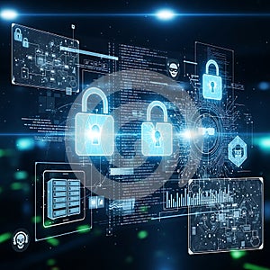 Digital security network with glowing padlocks and data streams
