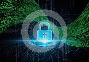 Digital security padlock with binary code and circuit board elements