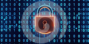 Digital security padlock with binary code illuminates data encryption and protection