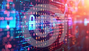 Digital Security Padlocks on a Background of Binary Code