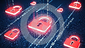 Digital Security Padlocks on Circuit Board with Binary Code