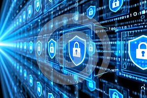 Digital security protection concept featuring shields and padlocks representing data encryption