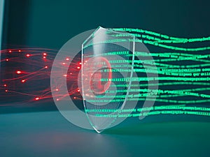 Digital Security Shield With Binary Code Background. Perfect For Use In Infographics, Presentations, Website Headers