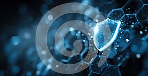 Digital security shield on a blue hexagonal pattern background