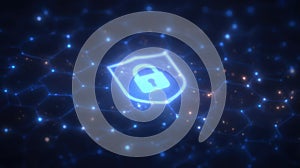 Digital Security Shield Cyber Protection Network Lock Icon Glowing Blue Network Data Security Concept