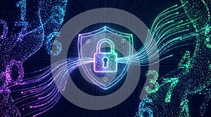 Digital Security Shield with Glowing Data Streams and Numbers