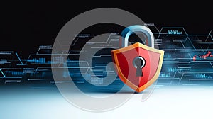 Digital security shield with lock symbol on abstract background