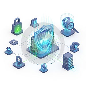 Digital security shield and network icons isolated on white background