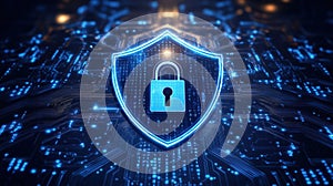 Digital security shield with padlock on circuit board displaying binary code for data protection