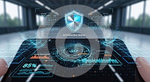 Digital Security Shield Protecting Data on a Futuristic Tablet Interface