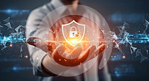 Digital security shield protecting data with glowing lock icon