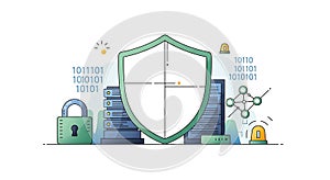 Digital Security Shield with Server Rack, Lock, Binary Code and Network Icon