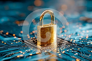 Digital security symbolized by a gold lock on a circuit board