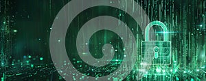 Digital security theme with a padlock icon, data streams, and matrix code on a dark green