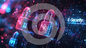 Digital security visualization with glowing locks and futuristic interface, representing cybersecurity and data protection