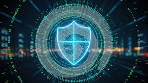 Digital shield with binary code and circuit board pattern in a futuristic cybersecurity concept blue