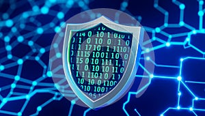 A digital shield with binary code displayed against a blue network circuit board background design