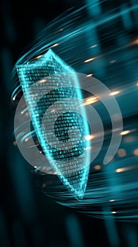 Digital shield with binary code and light streaks representing data protection and security online