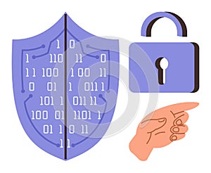 Digital shield with binary code, padlock, and pointing hand symbolizing cybersecurity and data protection