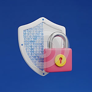 A digital shield with a binary code pattern and a locked padlock in the center