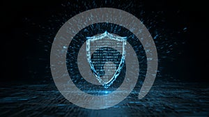 Digital shield with binary code representing cybersecurity protection and data defense in futuristic technology environment