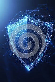 Digital Shield on Blue Technology Background. Security Icon in Lines, Connected Dots, Triangles