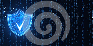 Digital Shield with Check Mark on Binary Code Background. 3D Rendering