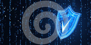 Digital shield with checkmark against binary code backdrop. 3D Rendering