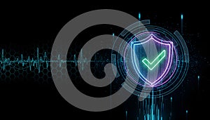 Digital Shield with Checkmark and Futuristic Data Visualization