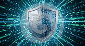 Digital Shield with Circuit Board Pattern and Binary Code Background technology security