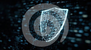 Digital shield, cybersecurity, data protection, binary code, glowing, abstract, secure
