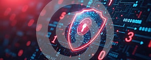 Digital shield cybersecurity, data protection, network security. Keyhole lock inside glowing shield, data patterns background.