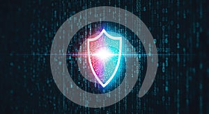 Digital shield graphic against a background of binary code