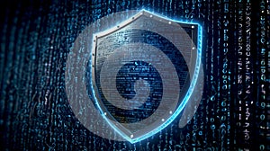 A digital shield with a holographic effect symbolizing cybersecurity