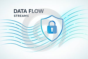 Digital shield icon in front of data streams, symbolizing secure information flow and real-time encrypted communication on