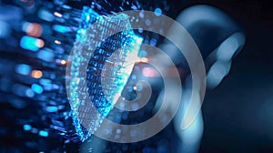 Digital shield made of binary code with a blurred hacker silhouette in the background