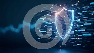 A digital shield made from floating lines of code and binary digits, symbolizing cybersecurity and data protection in a digital