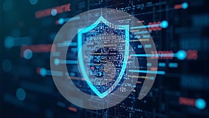 A digital shield made from floating lines of code and binary digits, symbolizing cybersecurity and data protection in a digital