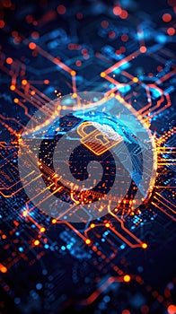 Digital shield with padlock and data lines representing advanced cybersecurity and digital protection