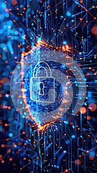 Digital shield with padlock and data lines representing advanced cybersecurity and digital protection
