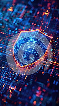 Digital shield with padlock and data lines representing advanced cybersecurity and digital protection