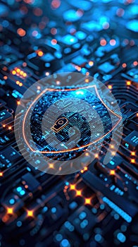 Digital shield with padlock and data lines representing advanced cybersecurity and digital protection