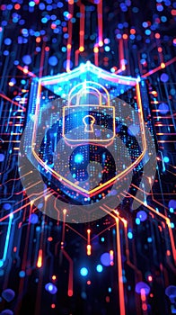 Digital shield with padlock and data lines representing advanced cybersecurity and digital protection
