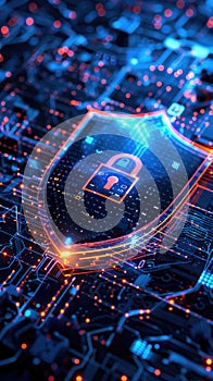Digital shield with padlock and data lines representing advanced cybersecurity and digital protection