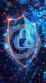 Digital shield with padlock and data lines representing advanced cybersecurity and digital protection