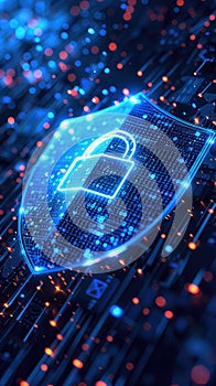 Digital shield with padlock and data lines representing advanced cybersecurity and digital protection