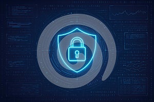 Digital shield with a padlock icon surrounded by binary code and data streams, representing cybersecurity