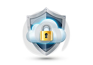 Digital shield protecting cloud data with secure padlock symbolizing cybersecurity