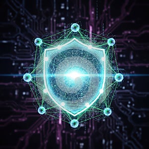 Digital shield protecting network data with glowing circuits